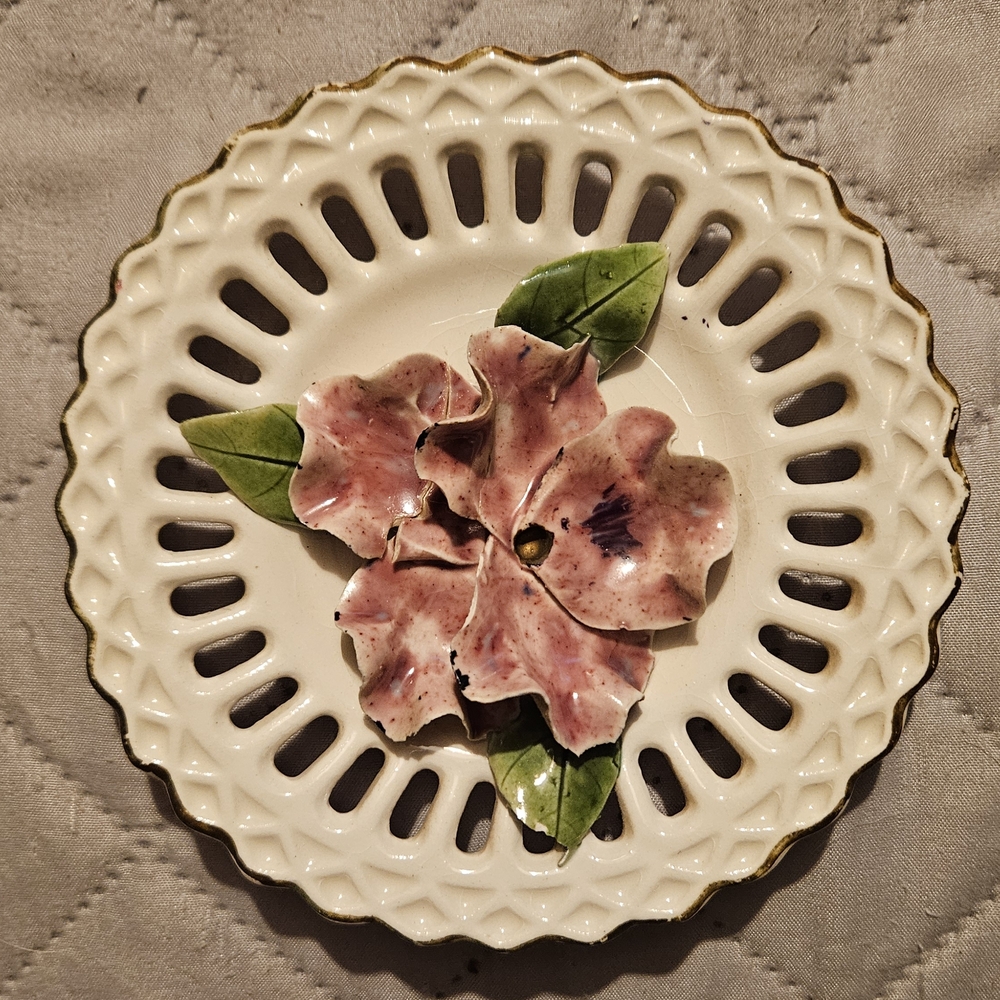 Lefton Floral Decorative Scallop Edged Plate with Pink Flowers Handpainted